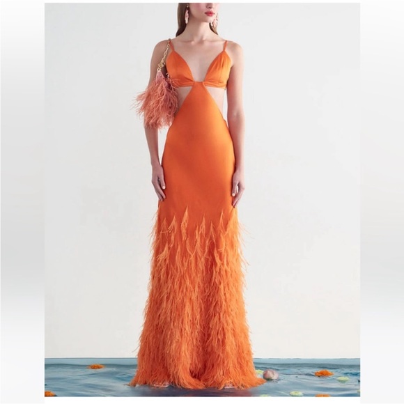 CULT GAIA RAISA PAPAYA GOWN FEATHER LONG ORANGE - Picture 8 of 9